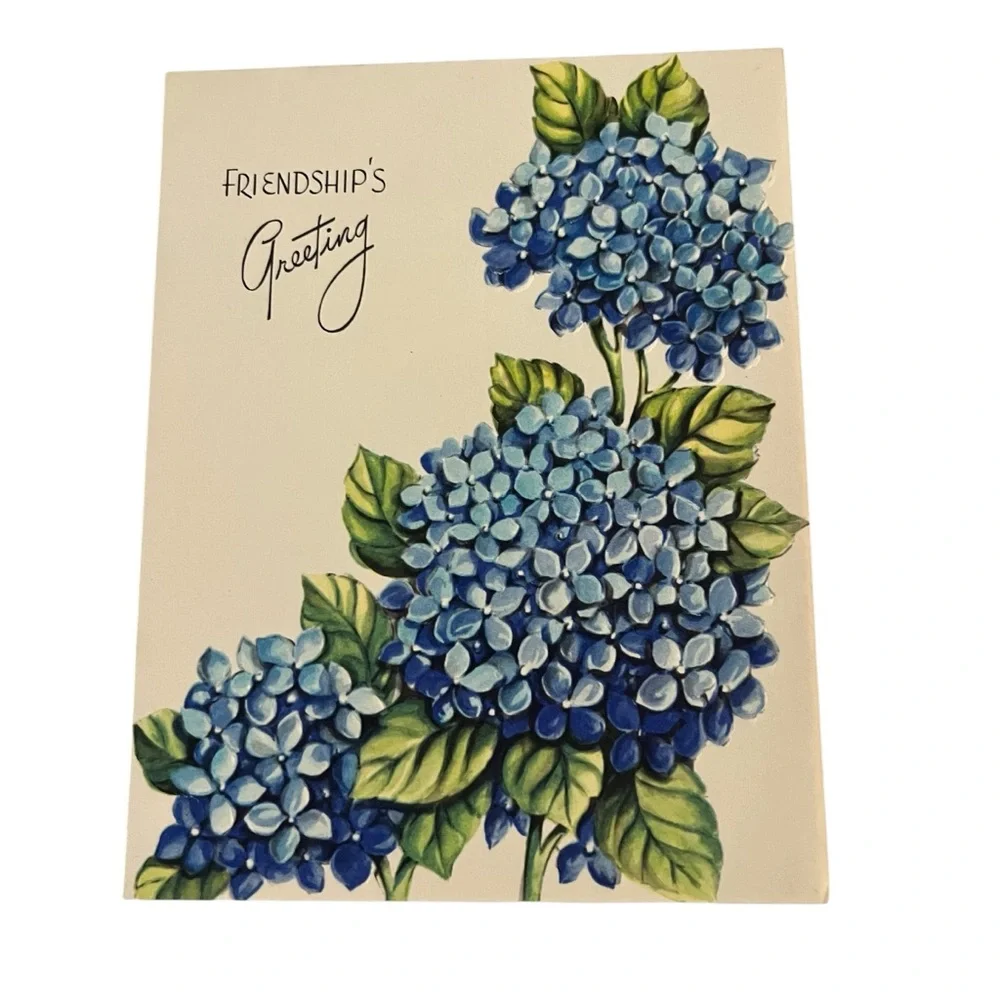 Unused Vintage Greeting Card Friendships Greeting Blue Hydrangea